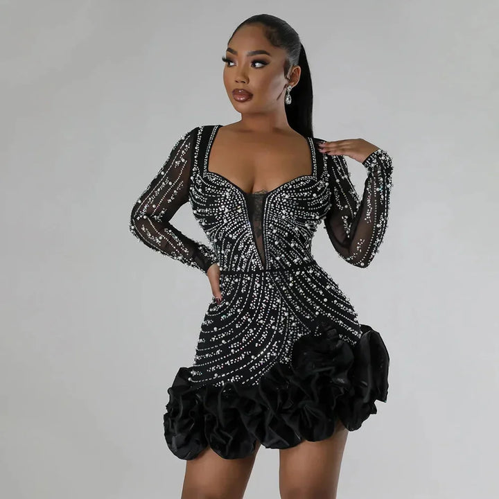 Xenia | Robe de soirée courte pour femmes décolleté en V profond à manches longues – Mini robe de soirée 2026