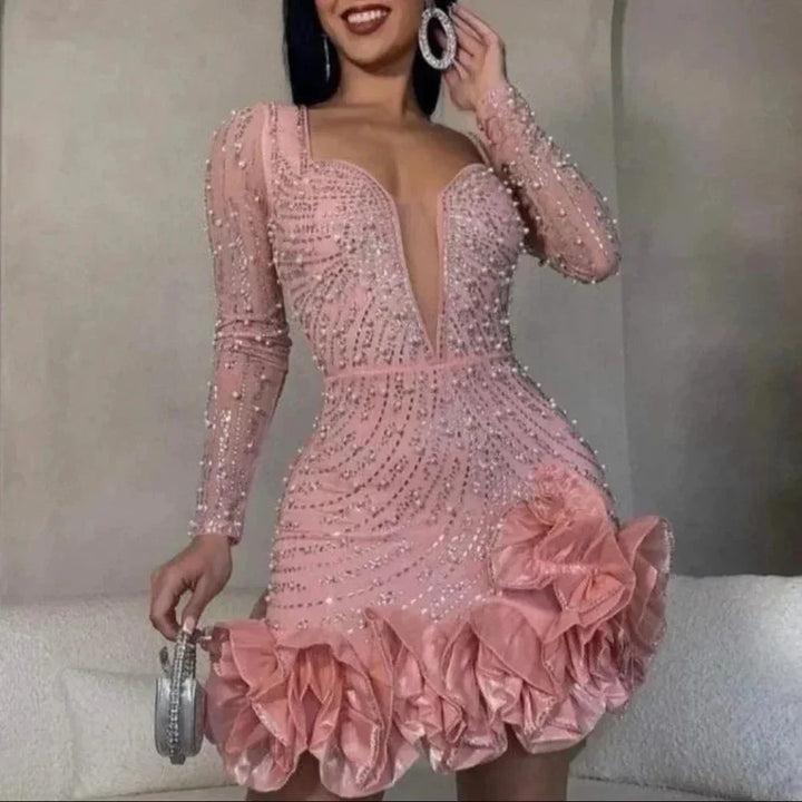 Xenia | Robe de soirée courte pour femmes décolleté en V profond à manches longues – Mini robe de soirée 2026