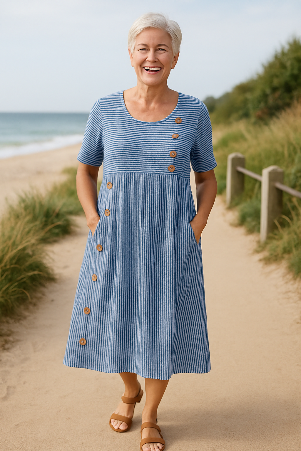 Roswen | Robe midi à rayures à manches courtes avec boutons pour femmes