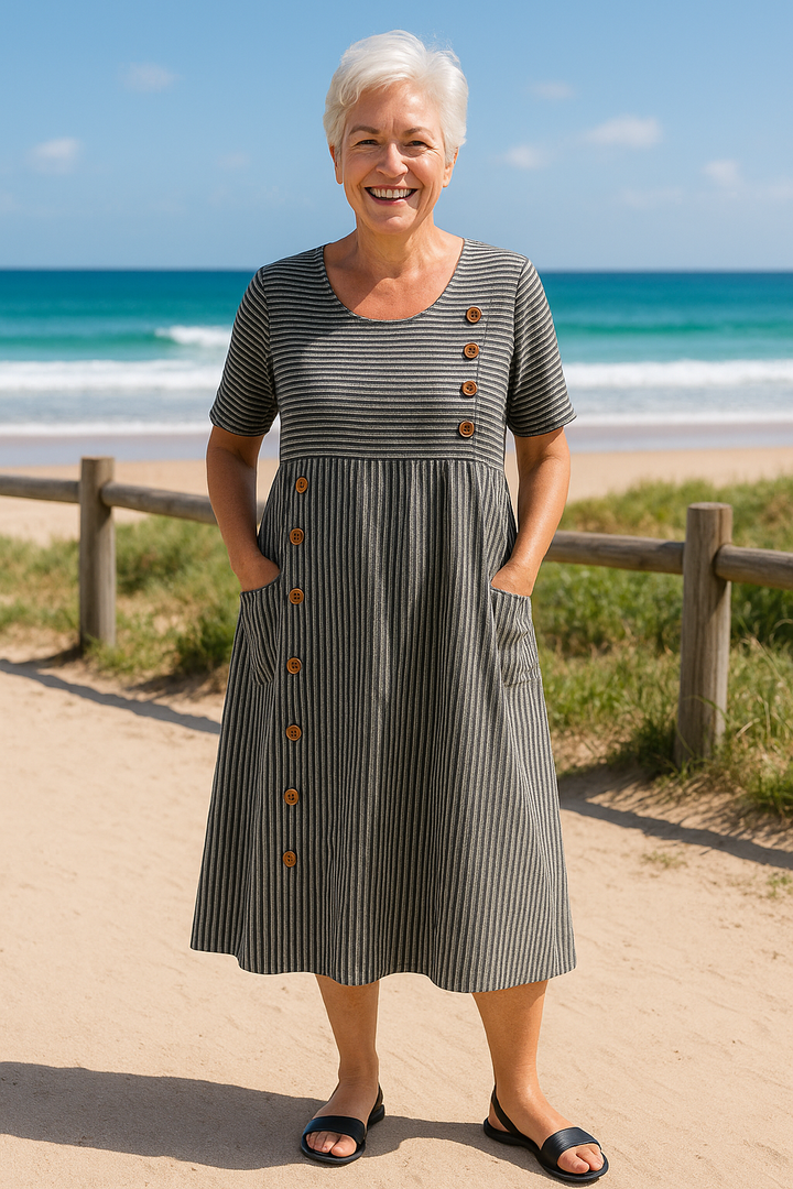 Roswen | Robe midi à rayures à manches courtes avec boutons pour femmes