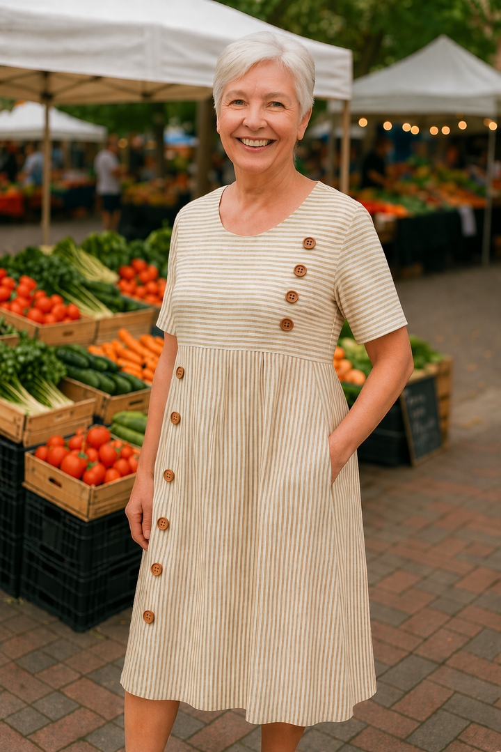 Roswen | Robe midi à rayures à manches courtes avec boutons pour femmes