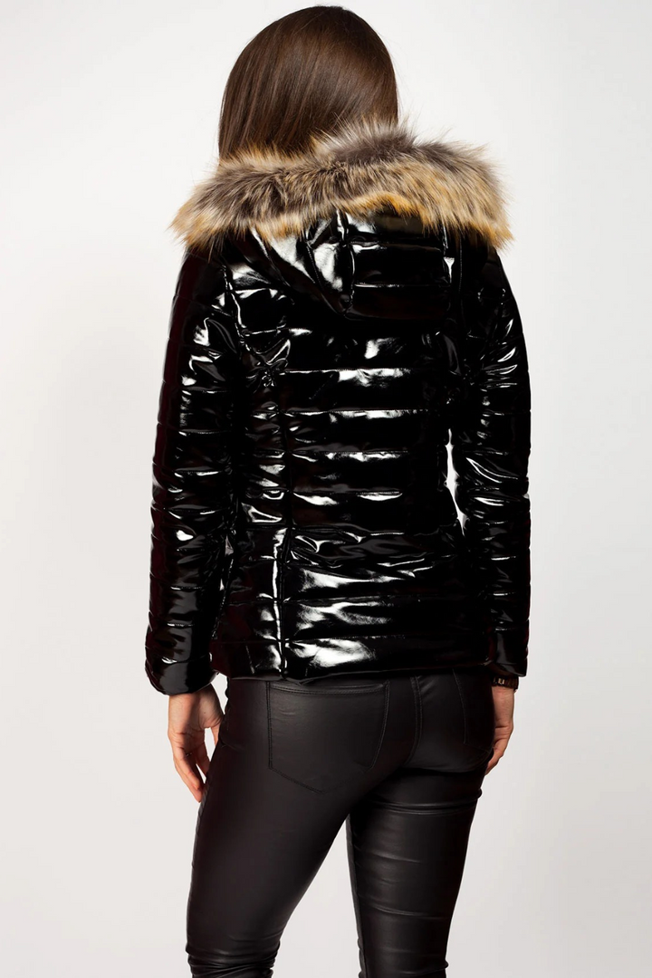 Parka noir brillant avec capuche pour femmes | Hiver