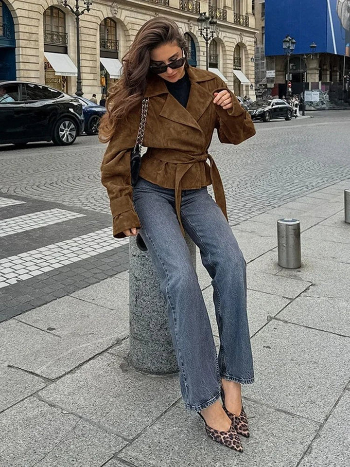 Vydra | Manteau Wrap Femme En Suède Brun Avec Ceinture