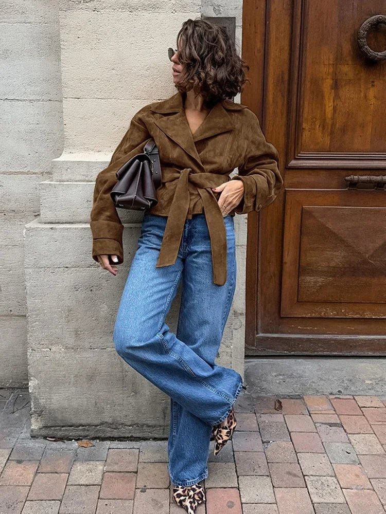 Vydra | Manteau Wrap Femme En Suède Brun Avec Ceinture