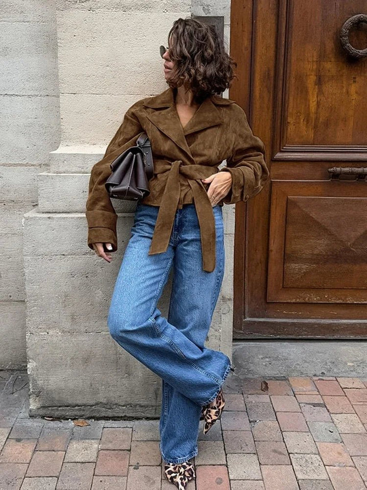 Vydra | Manteau Wrap Femme En Suède Brun Avec Ceinture