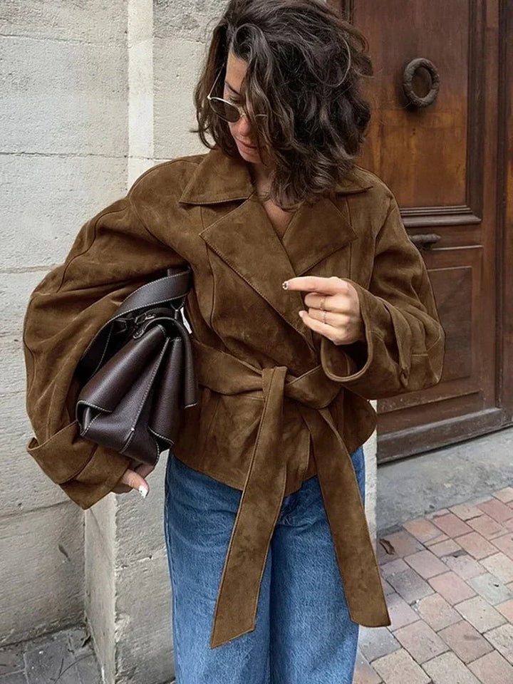 Vydra | Manteau Wrap Femme En Suède Brun Avec Ceinture