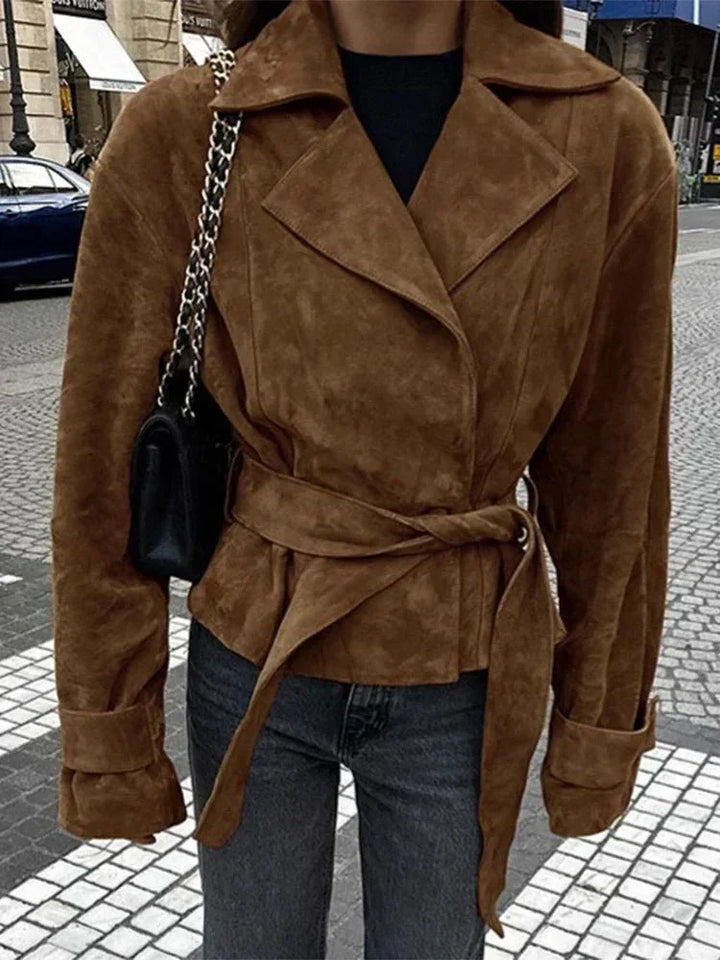 Vydra | Manteau Wrap Femme En Suède Brun Avec Ceinture