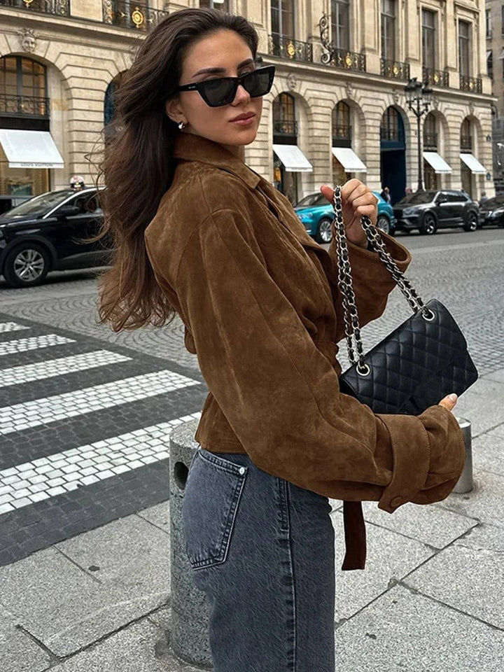 Vydra | Manteau Wrap Femme En Suède Brun Avec Ceinture