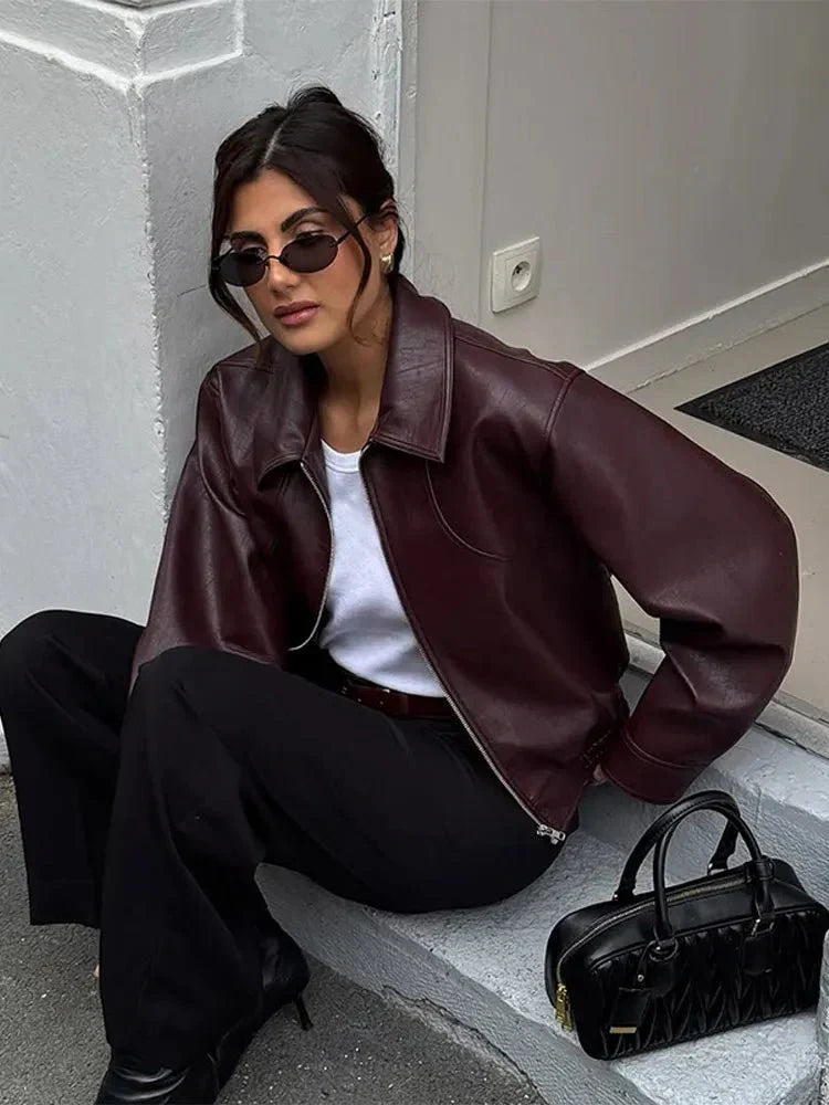 Fern | Veste en cuir vintage courte pour femmes en bordeaux
