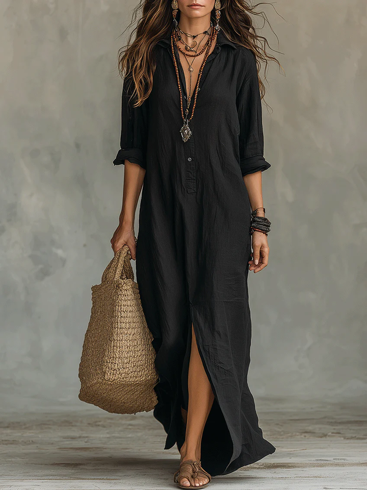 Selestina | Robe Chemise Longue Noire à Manches Longues