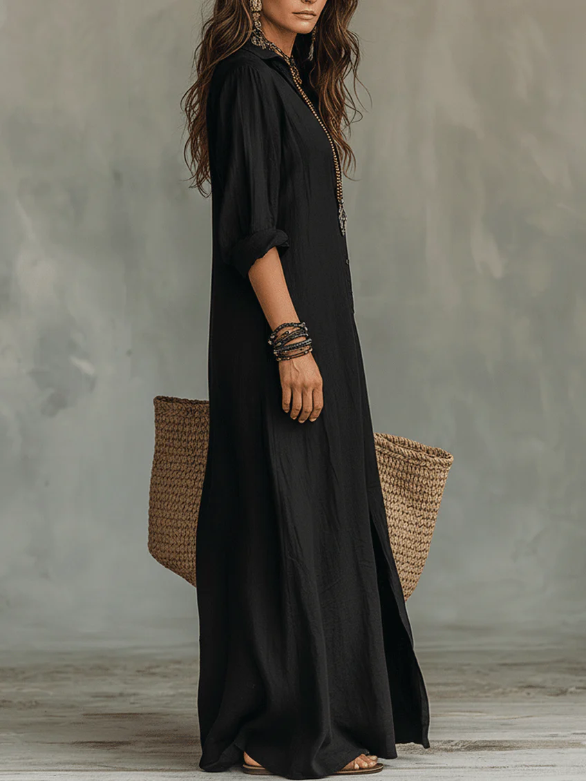 Selestina | Robe Chemise Longue Noire à Manches Longues