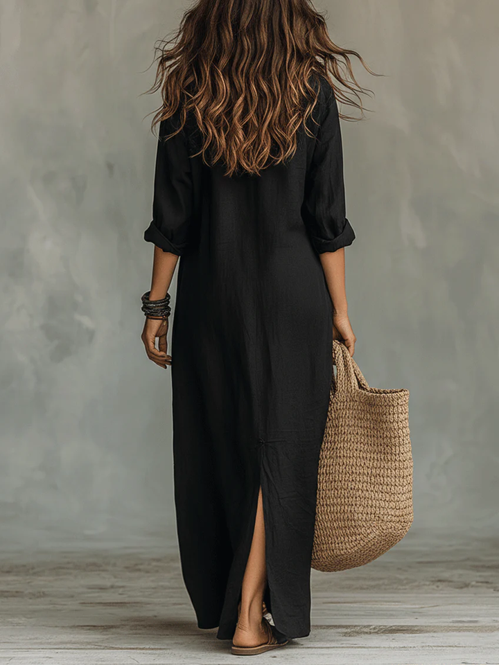 Selestina | Robe Chemise Longue Noire à Manches Longues