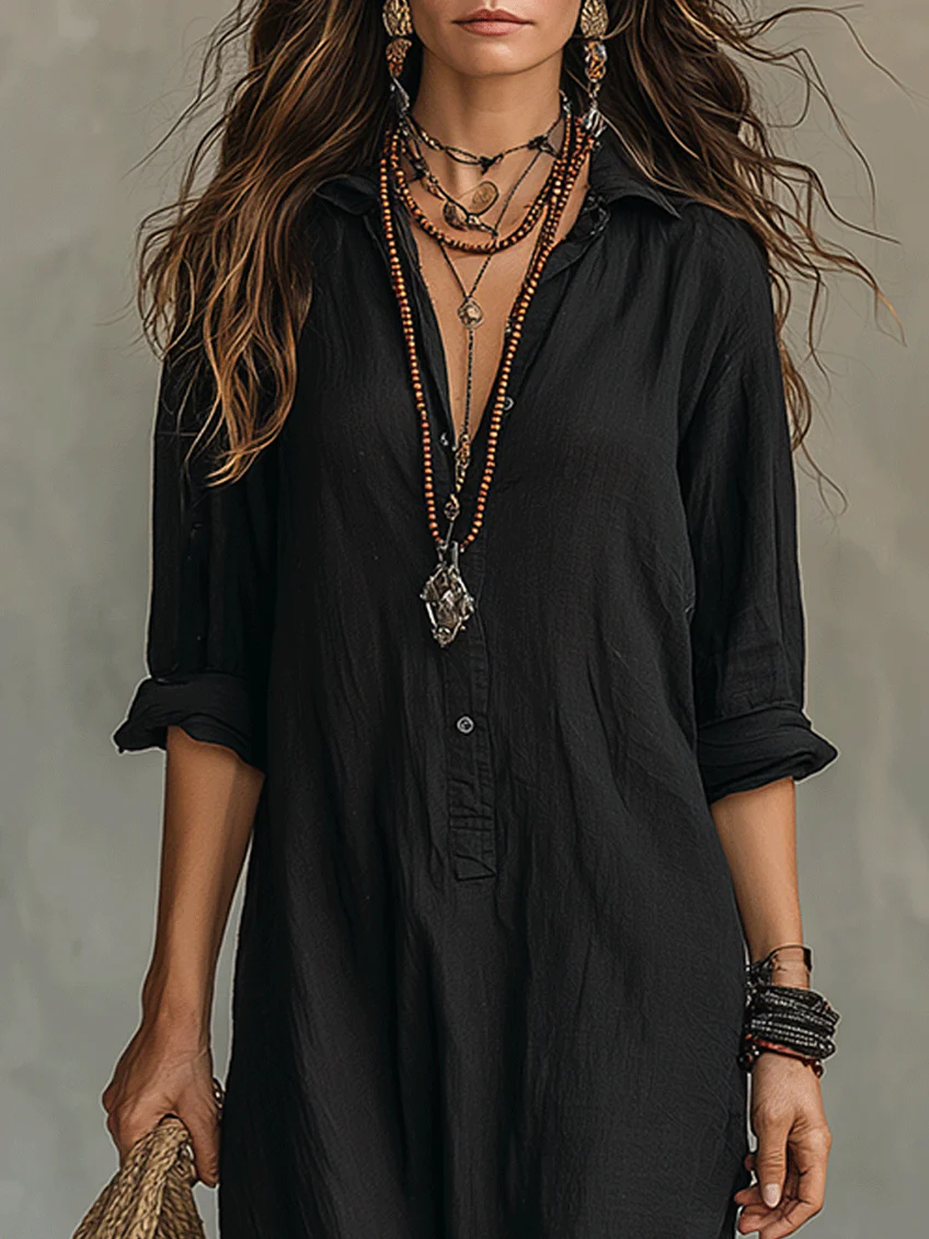 Selestina | Robe Chemise Longue Noire à Manches Longues