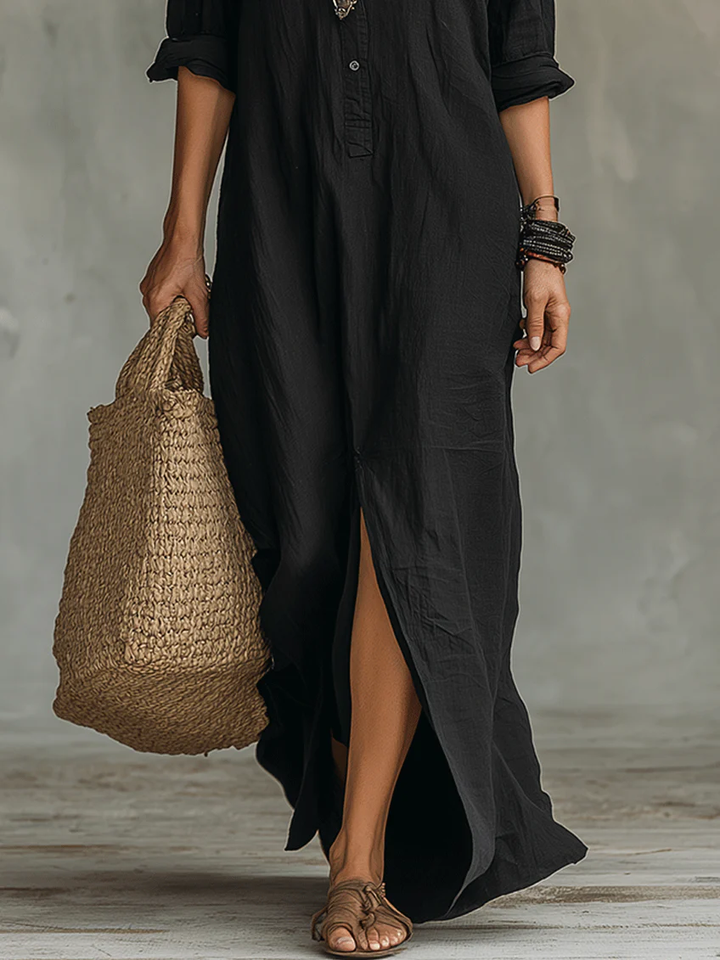 Selestina | Robe Chemise Longue Noire à Manches Longues