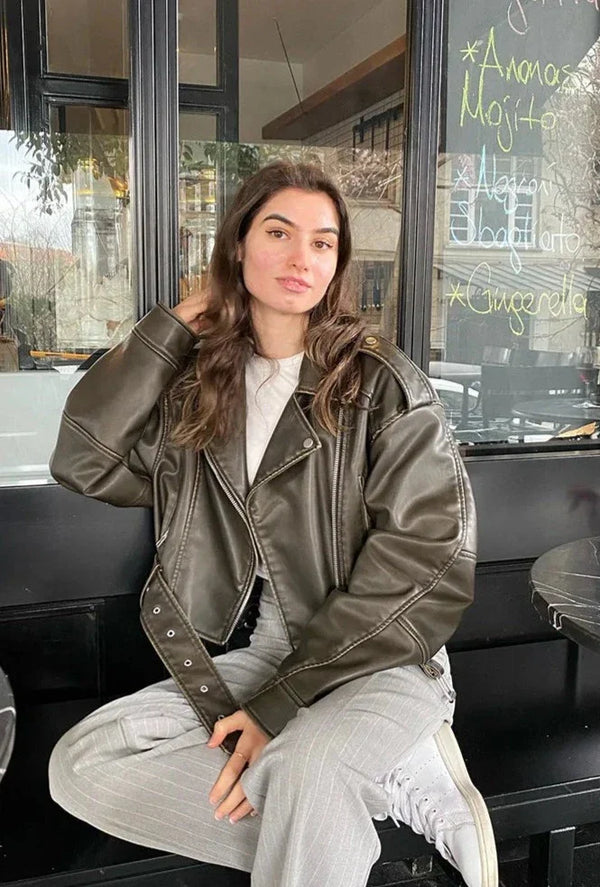 Veste en cuir biker cropped pour femmes