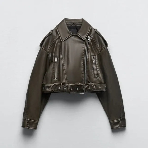 Veste en cuir biker cropped pour femmes
