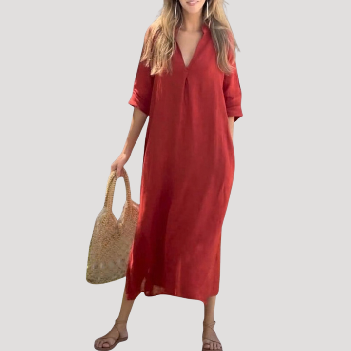 Solveig | Robe midi pour femmes avec décolleté en V, coupe décontractée