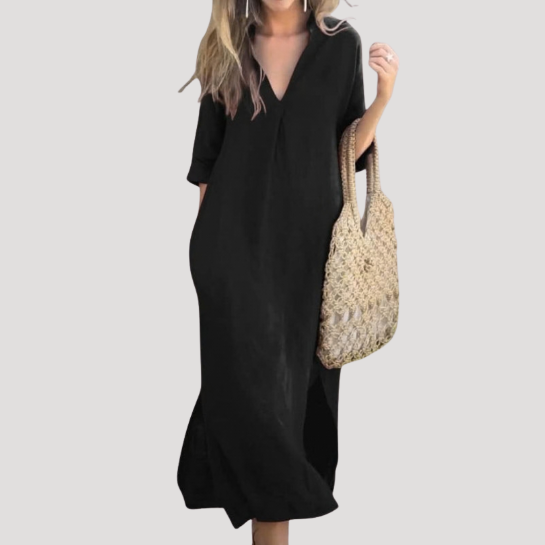 Solveig | Robe midi pour femmes avec décolleté en V, coupe décontractée