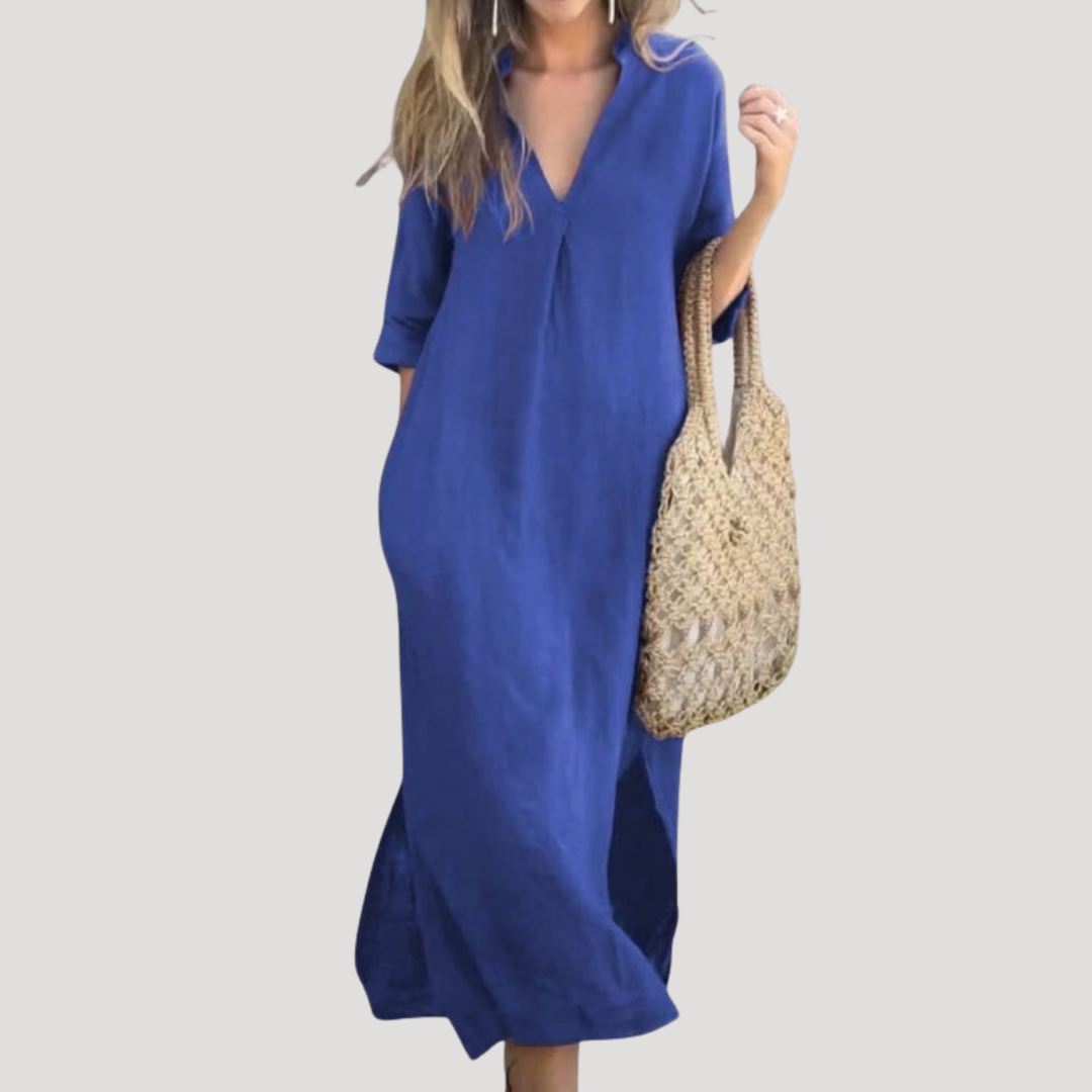 Solveig | Robe midi pour femmes avec décolleté en V, coupe décontractée