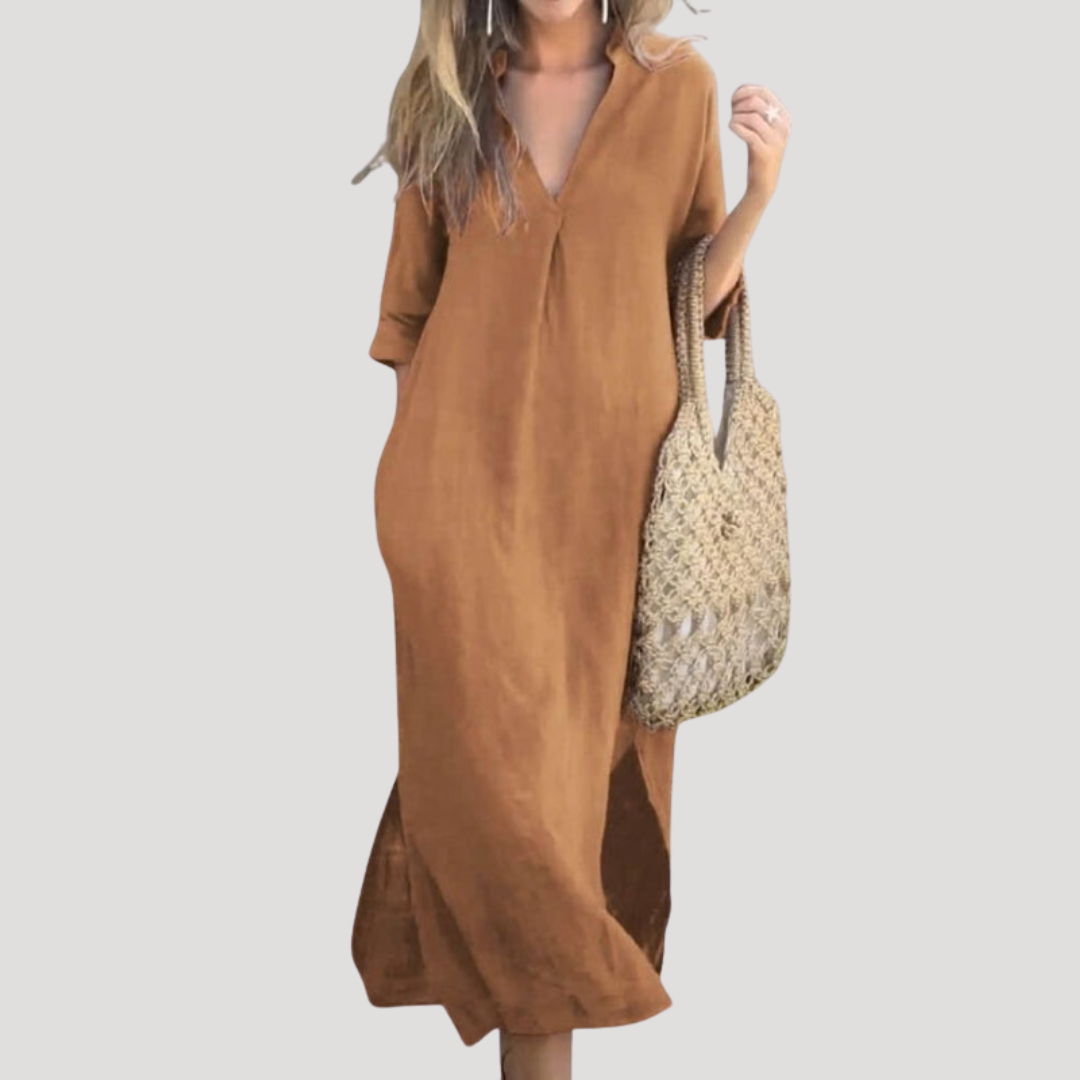 Solveig | Robe midi pour femmes avec décolleté en V, coupe décontractée