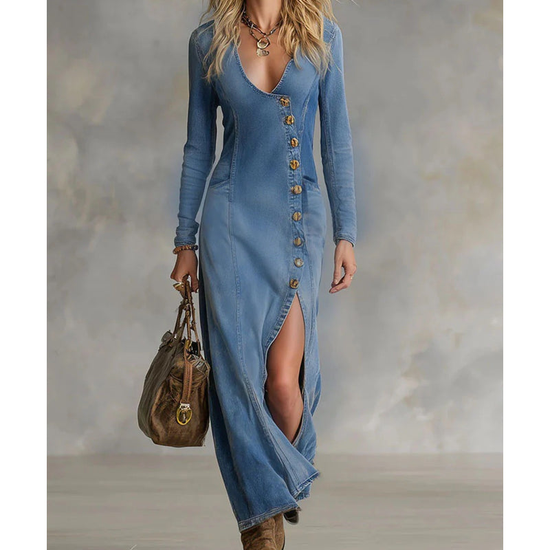 Robe maxi à manches longues avec décolleté en V pour femmes – Élégante, Confortable & Sculptante