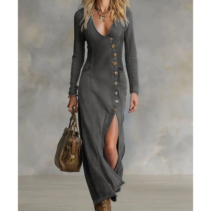 Robe maxi à manches longues avec décolleté en V pour femmes – Élégante, Confortable & Sculptante