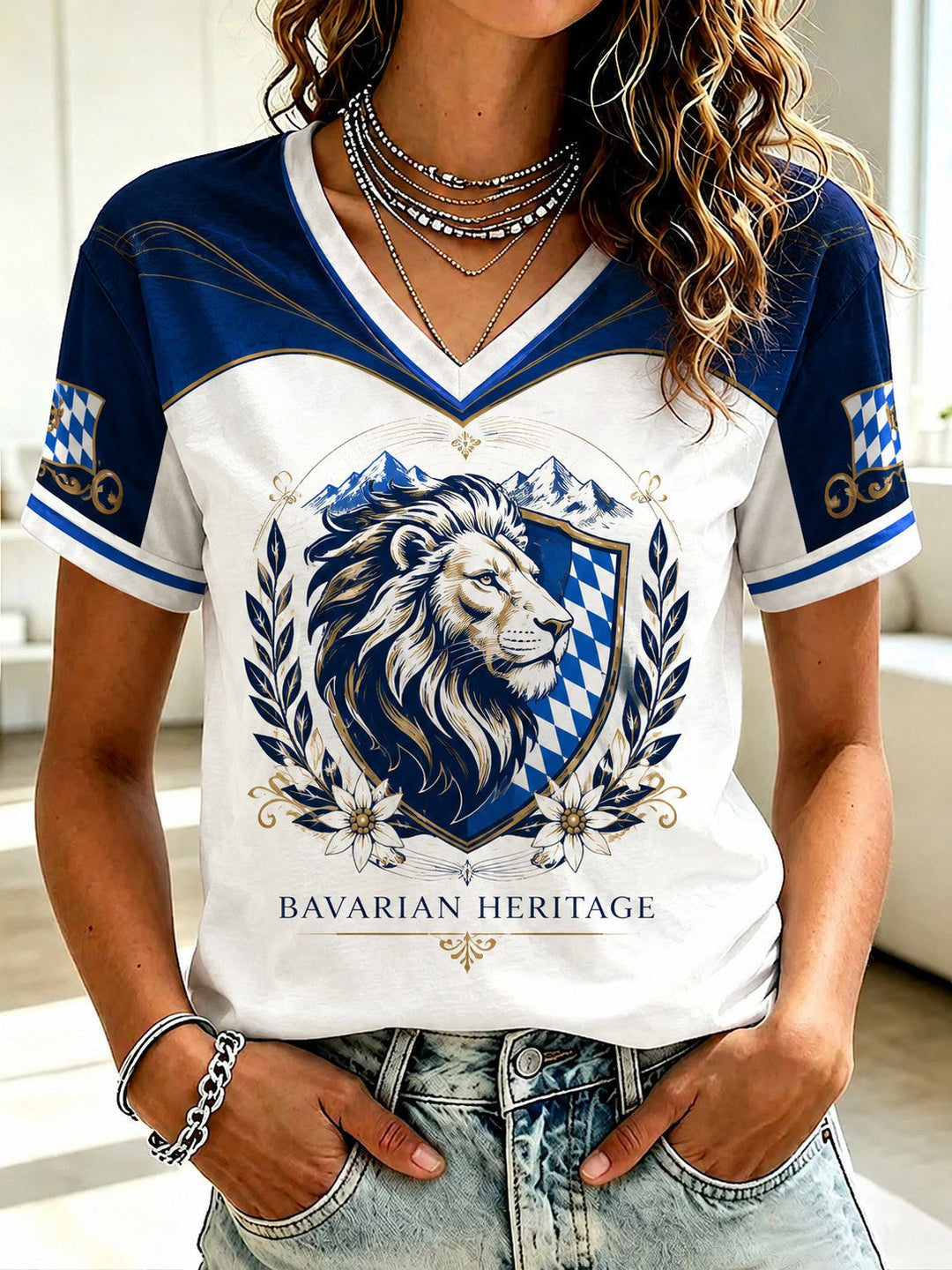T-shirt pour femmes avec impression de lion bavarois allemand et décolleté en V