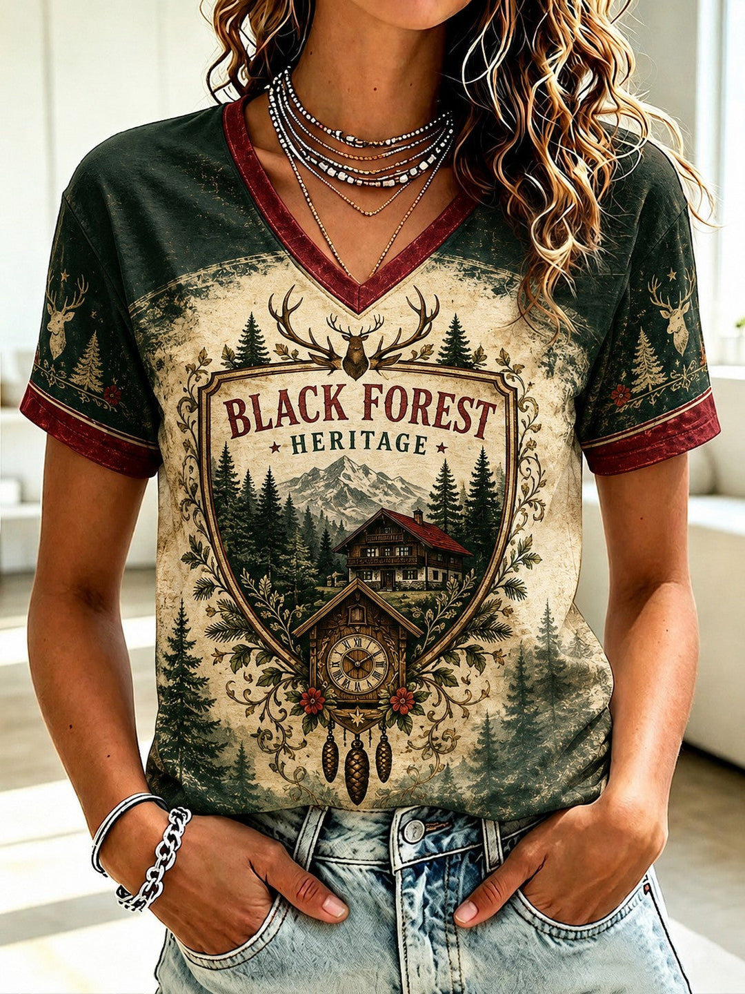 T-shirt pour femmes d'Allemagne au style de la Forêt-Noire avec décolleté en V et impression vintage