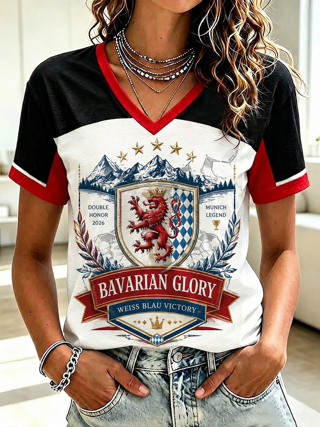 T-shirt femme avec décolleté en V et impression brillante bavaroise allemande