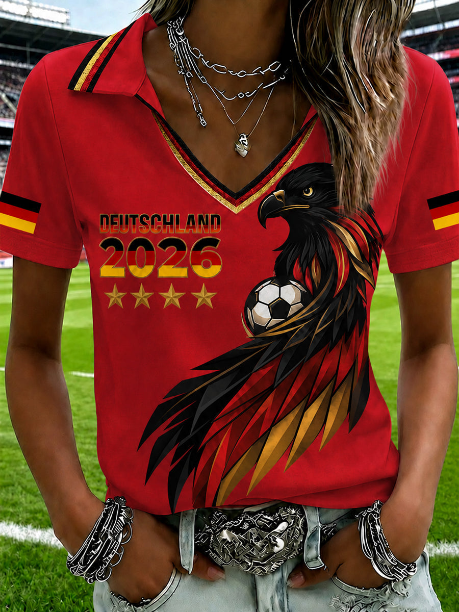 T-shirt pour femmes avec décolleté en V et imprimé de fan de football allemand