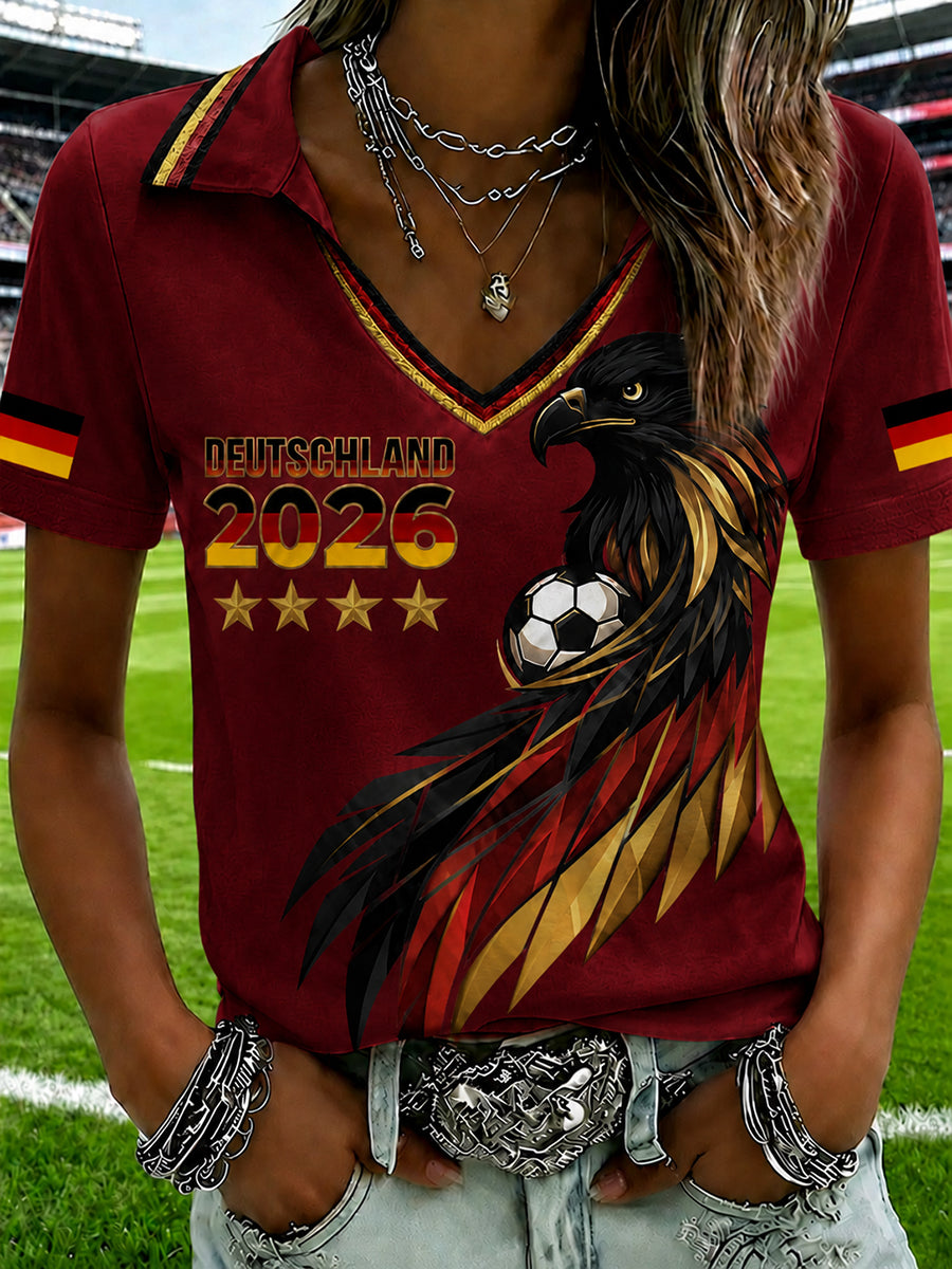 T-shirt pour femmes avec décolleté en V et imprimé de fan de football allemand