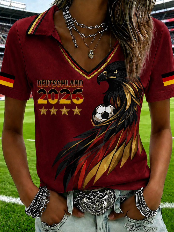 T-shirt pour femmes avec décolleté en V et imprimé de fan de football allemand