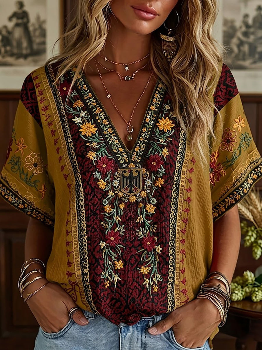 T-shirt Boho pour femmes avec motif floral allemand, manches mi-longues et décolleté en V