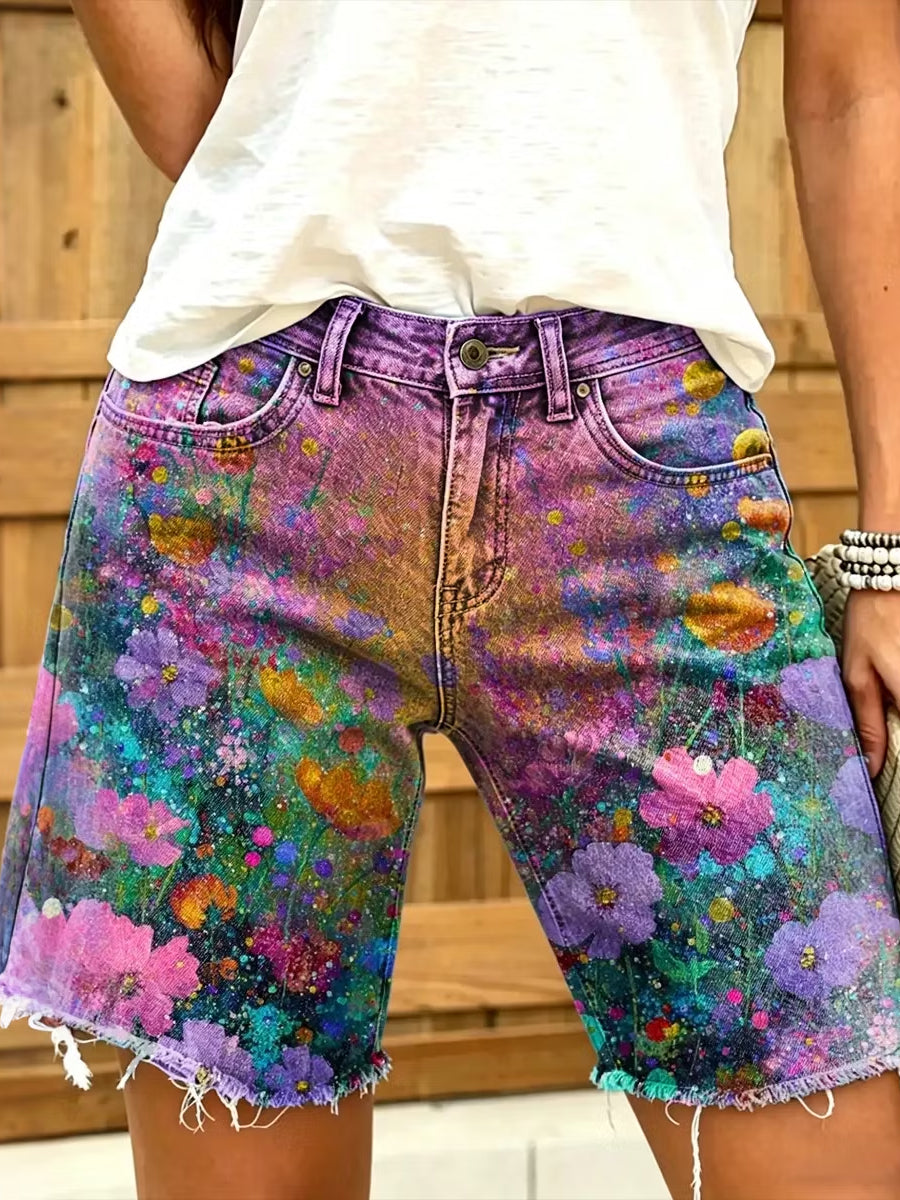 Shorts pour femmes au style rétro avec motif de fleurs en peinture à l'huile
