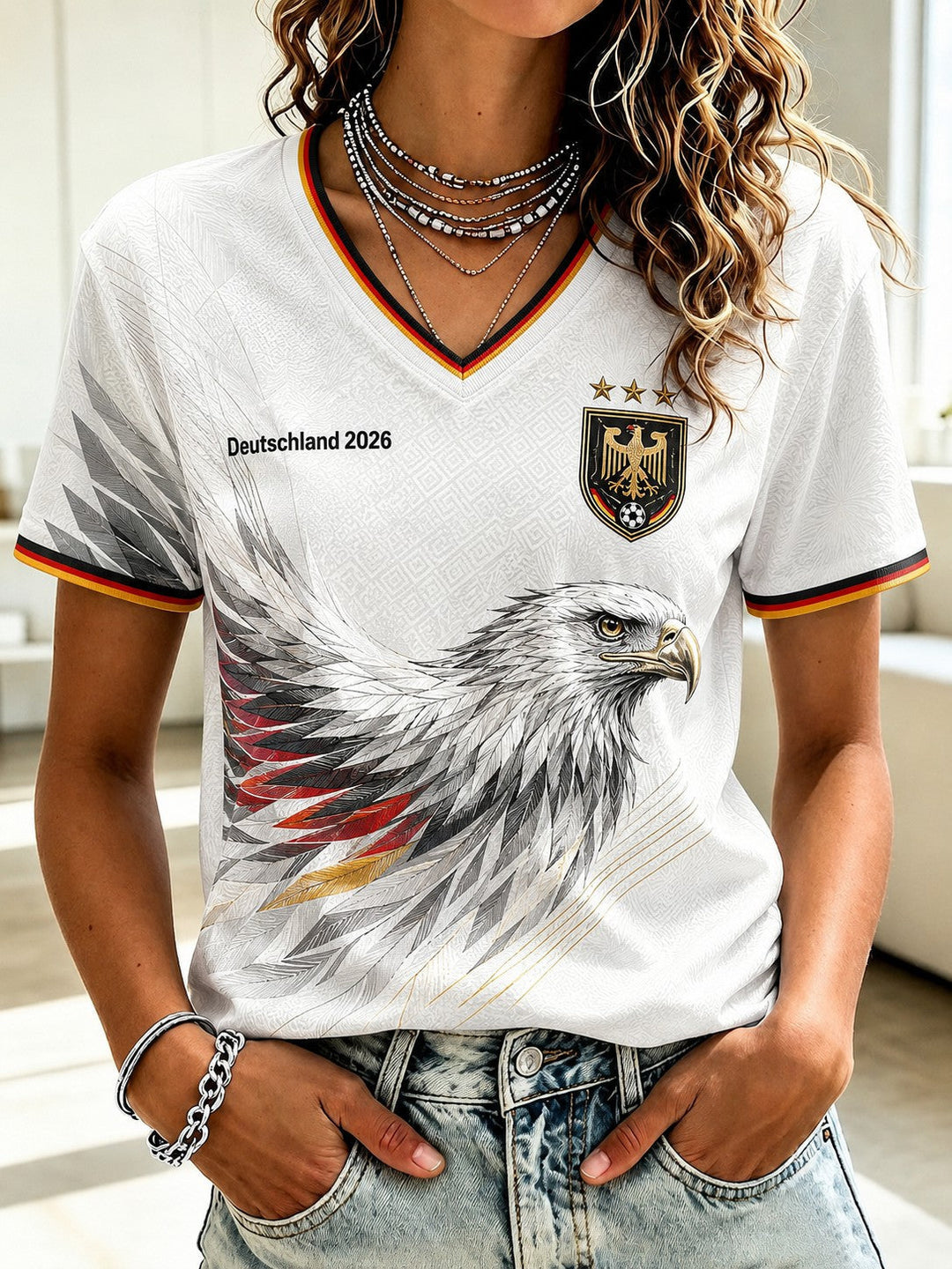 T-shirt pour femmes avec décolleté en V et imprimé de football, Allemagne