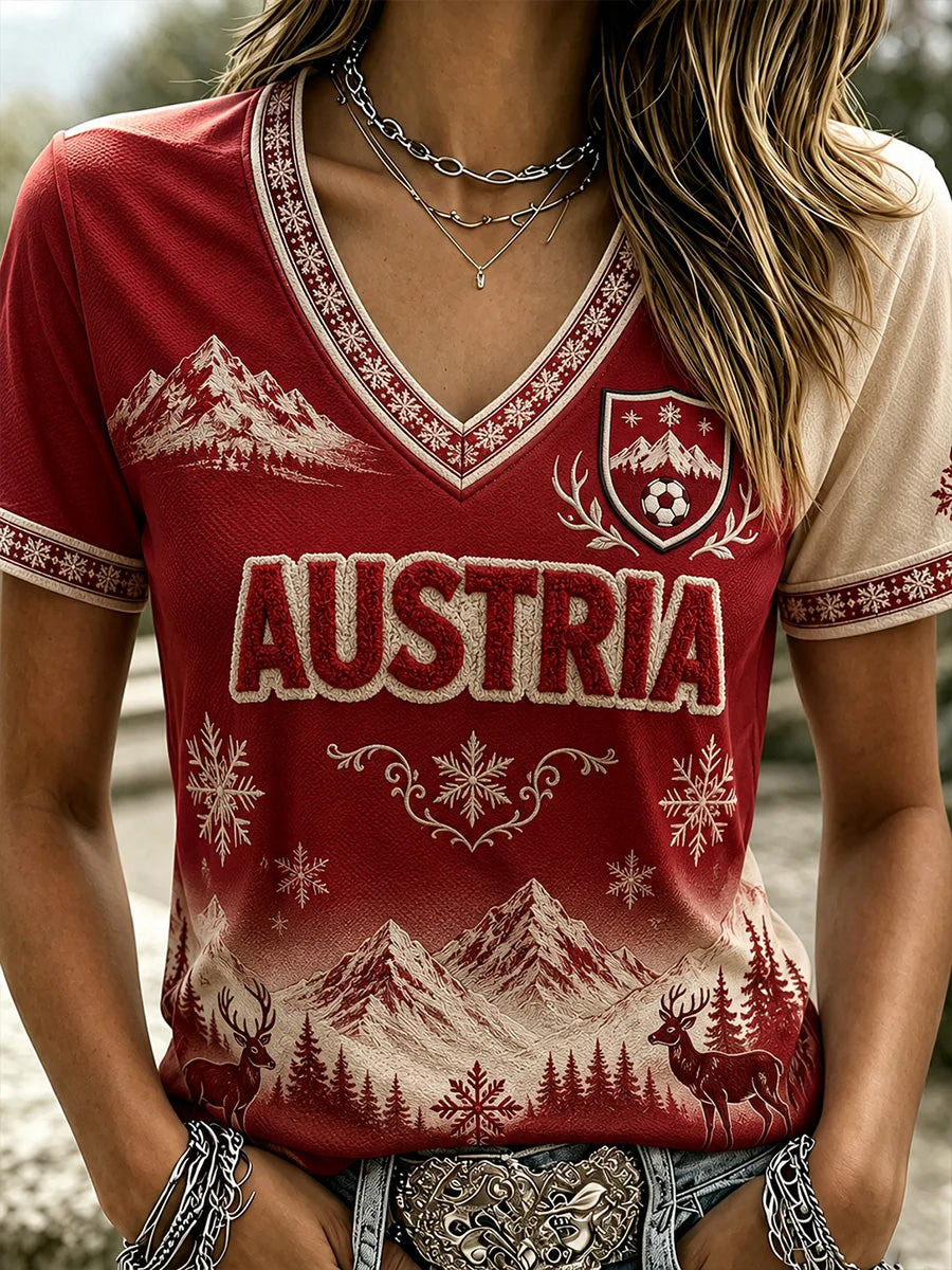T-shirt pour femmes avec motif de football d'Autriche, décolleté en V décontracté