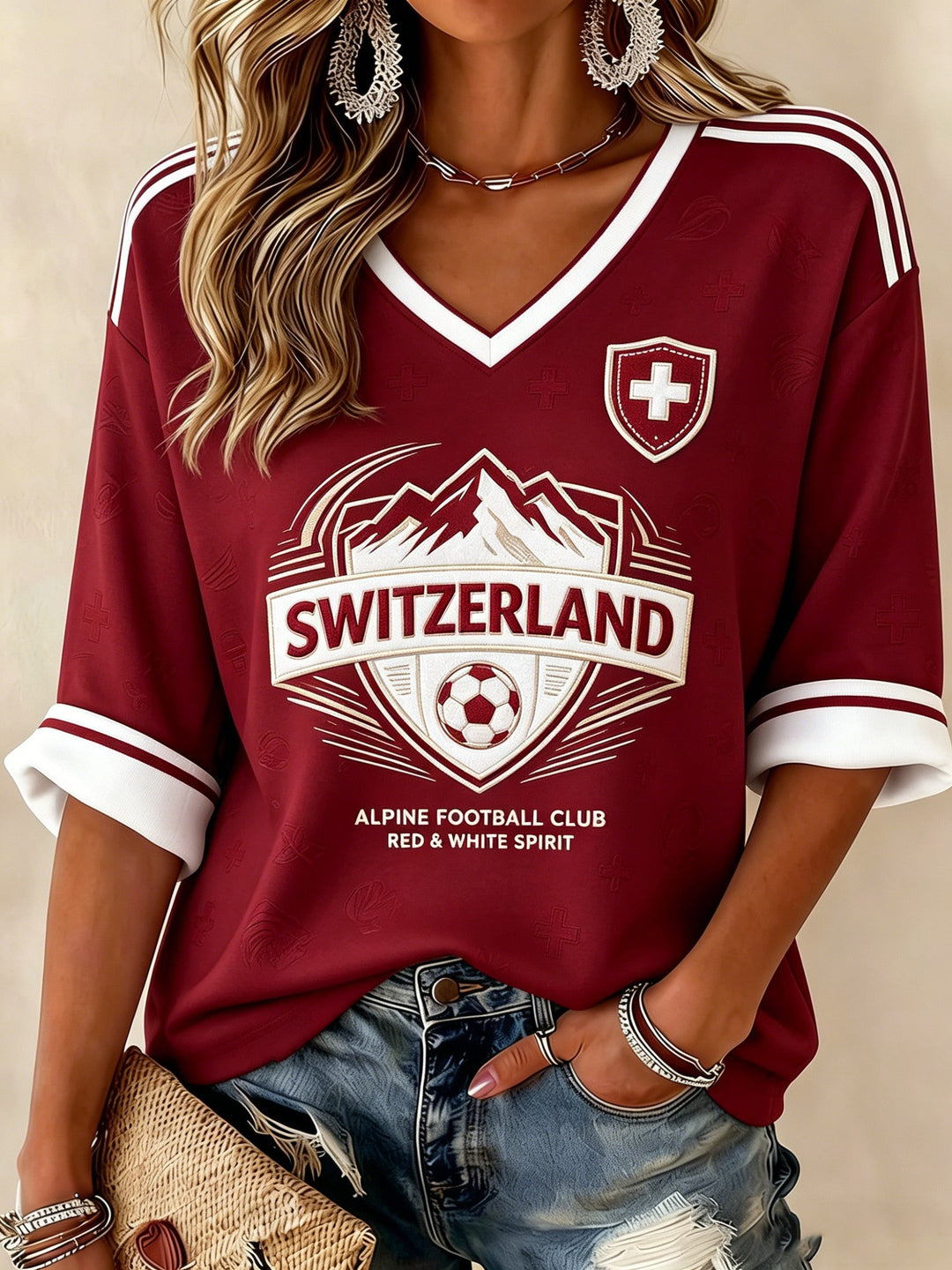 T-shirt pour femmes de Suisse avec imprimé, manches mi-longues et décolleté en V