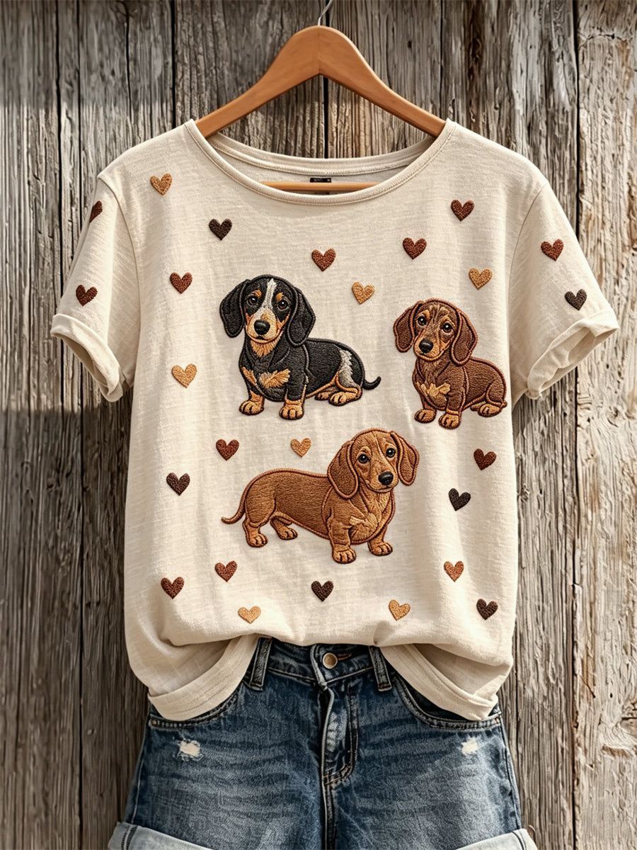 T-shirt femme avec motif mignon de teckel et de cœur, manches courtes