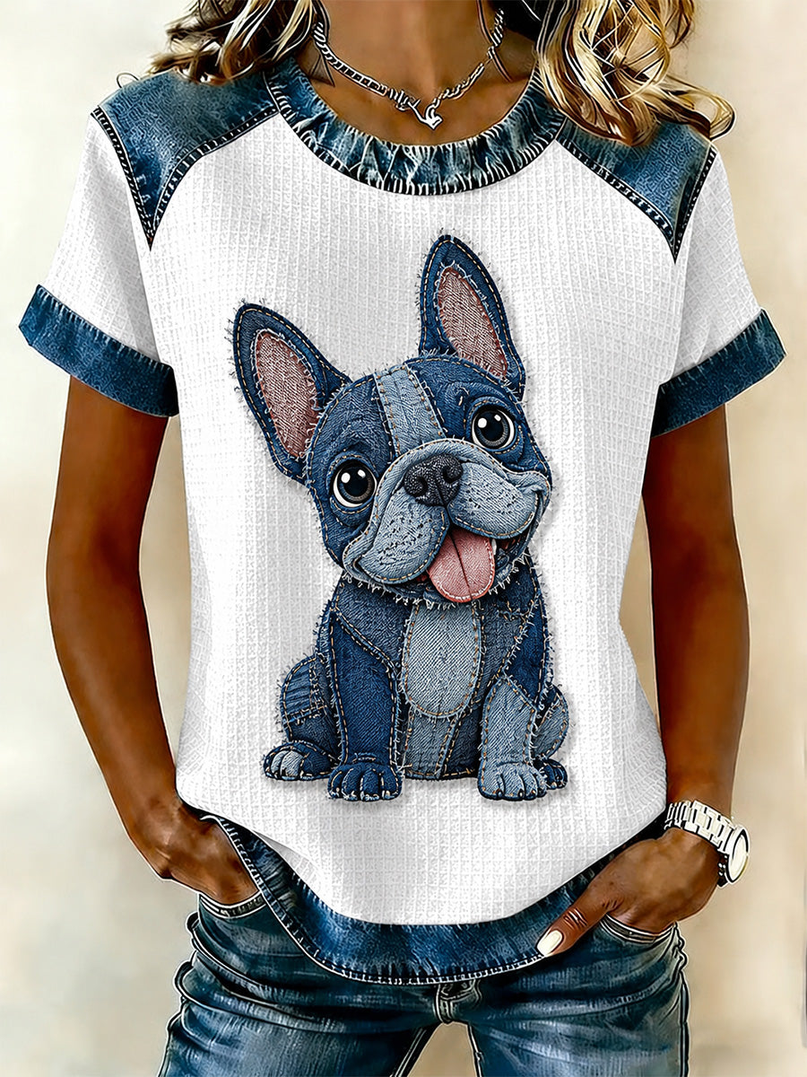 T-shirt décontracté en denim patchwork avec impression de chiens pour femmes