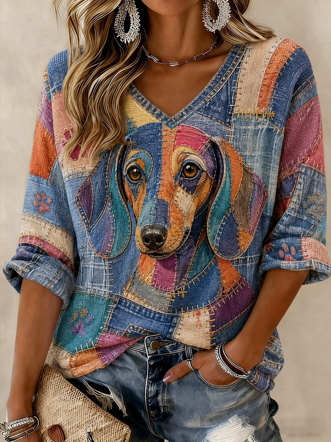 T-shirt pour femmes avec imprimé de chien, manches mi-longues et décolleté en V