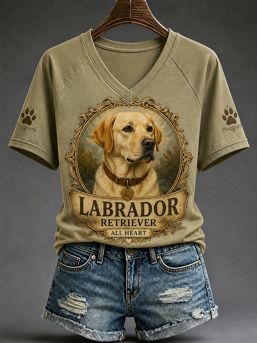 T-shirt rétro pour femmes avec impression de chien et col en V, coupe décontractée