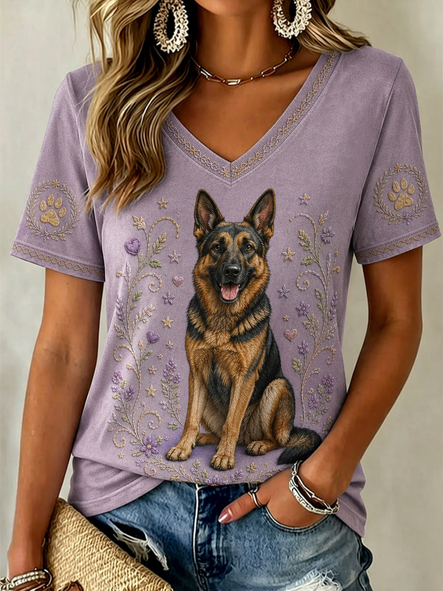 T-shirt rétro pour dames avec impression de fleurs et de chiens, décontracté, col en V