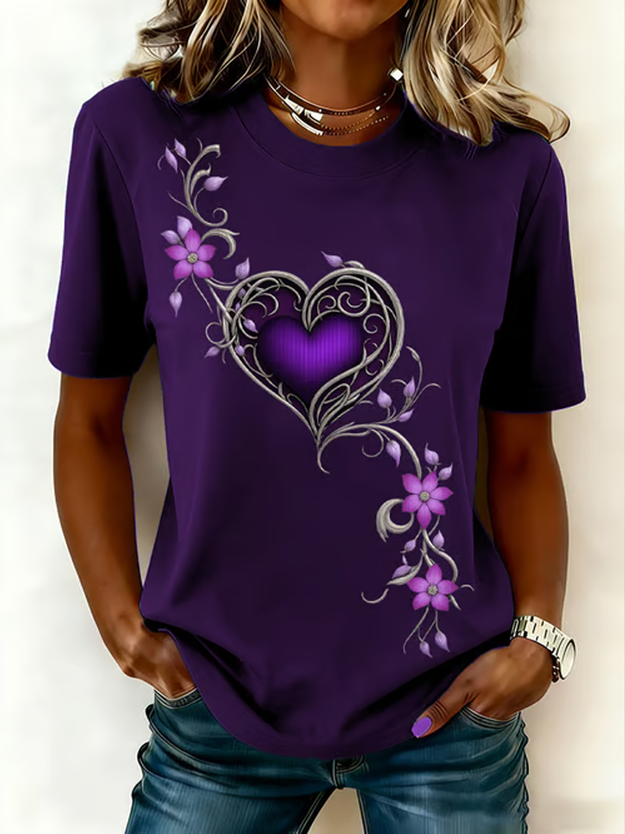 T-shirt vintage pour femmes avec impression artistique de fleurs violettes