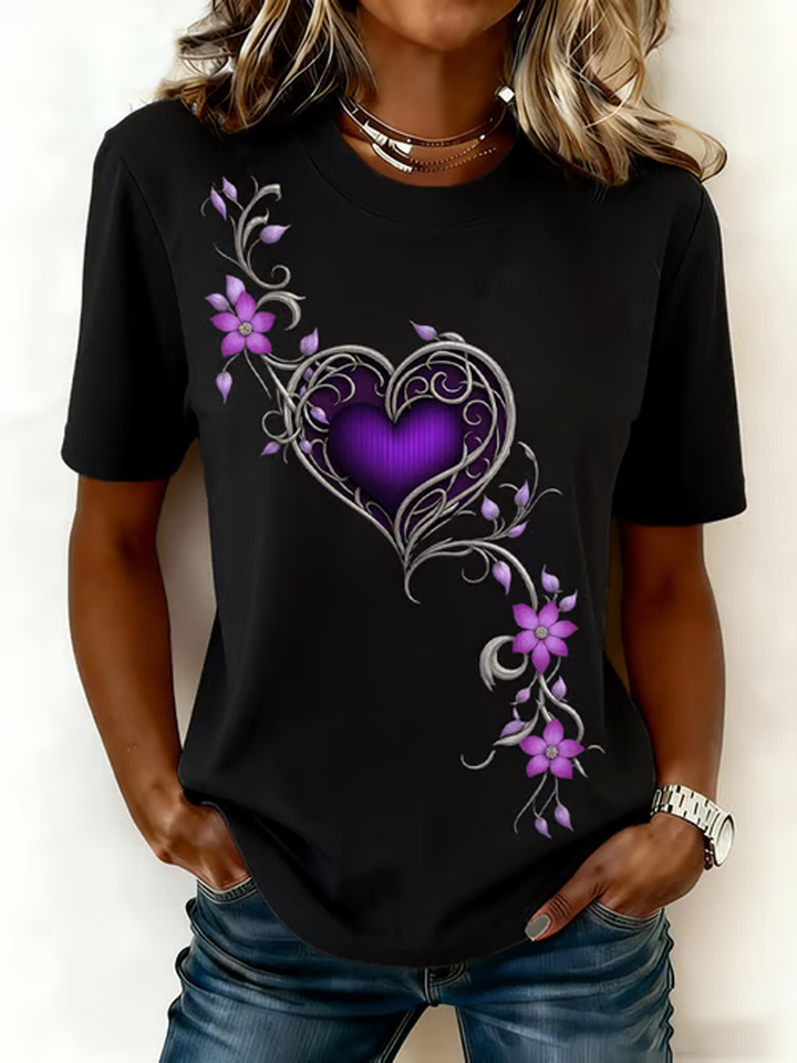 T-shirt vintage pour femmes avec impression artistique de fleurs violettes