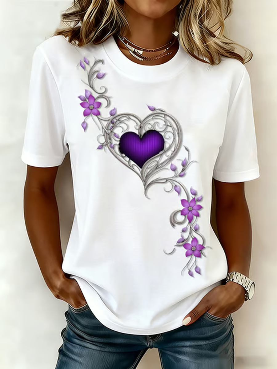 T-shirt vintage pour femmes avec impression artistique de fleurs violettes