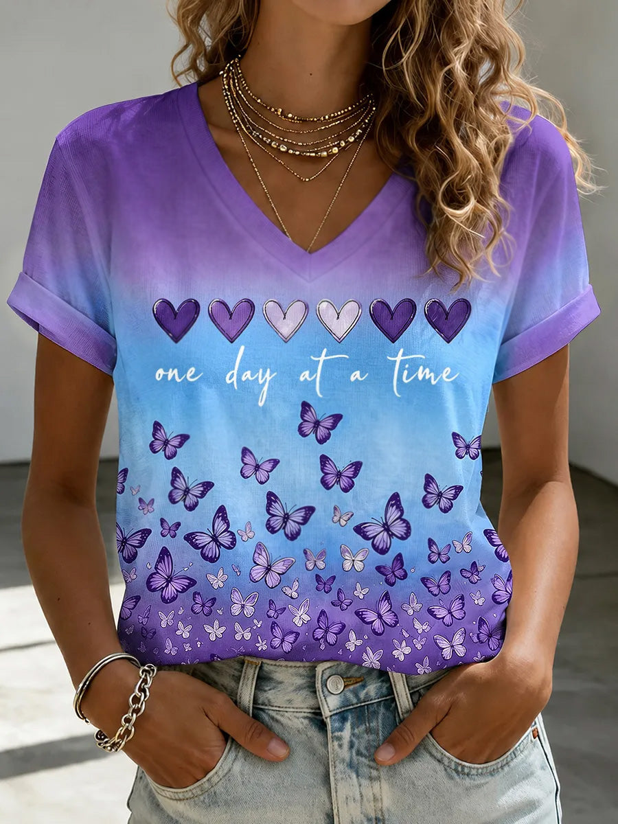 T-shirt pour femmes avec impression de sensibilisation à la maladie d'Alzheimer, décolleté en V