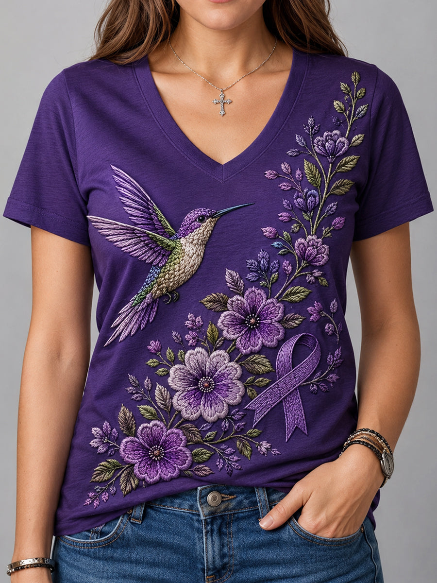 T-shirt pour femmes avec impression de fleurs violettes et colibri pour sensibiliser à Alzheimer, décolleté en V