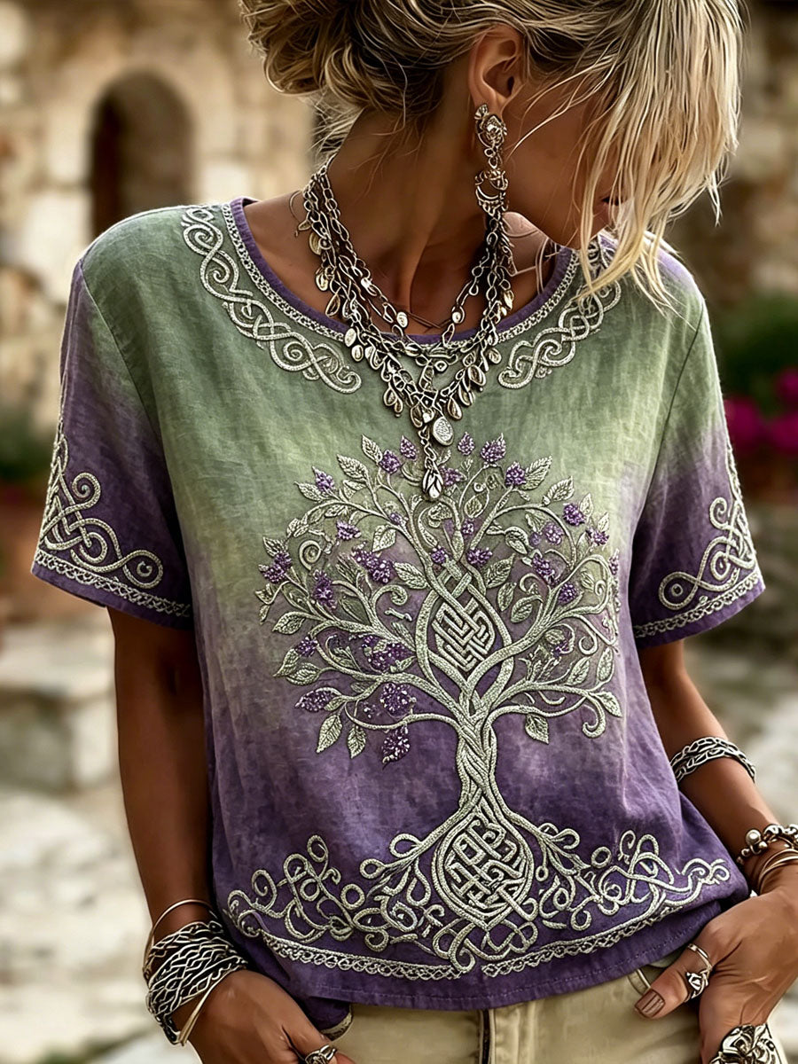 T-shirt en lin à manches courtes avec imprimé celtique Arbre de Vie pour femmes