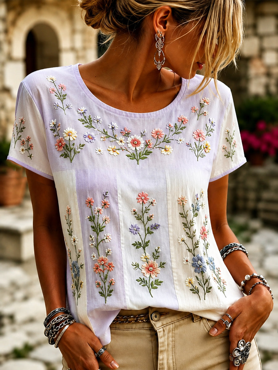 T-shirt décontracté pour femmes avec impression artistique de fleurs violettes