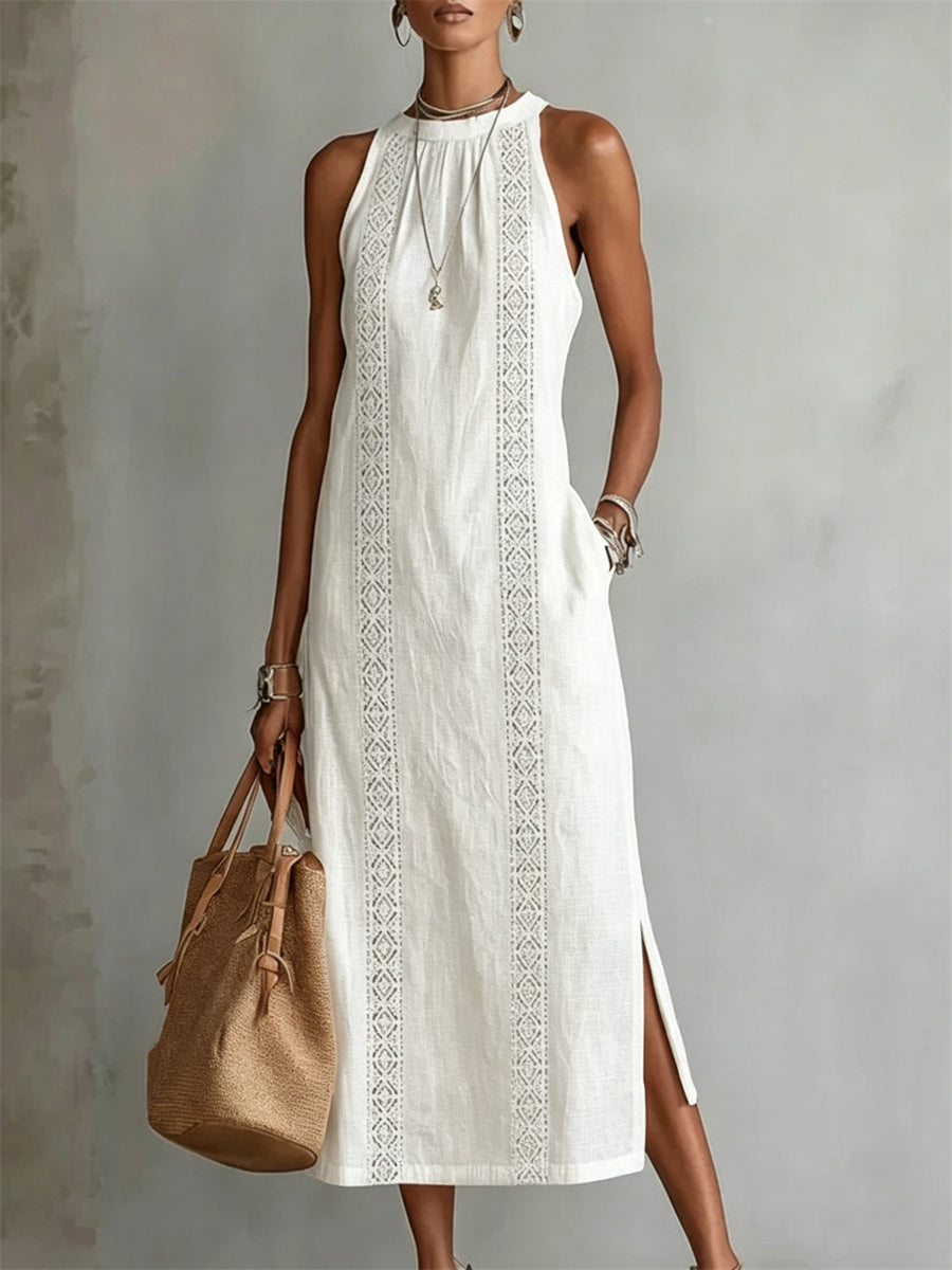 Robe maxi en lin sans manches élégante et simple pour dames avec fente latérale